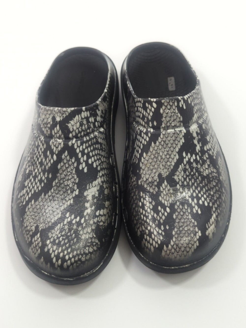 Oofos Oocloog Limited Edition Snake Print Slip-On Clogs in Black and Grey